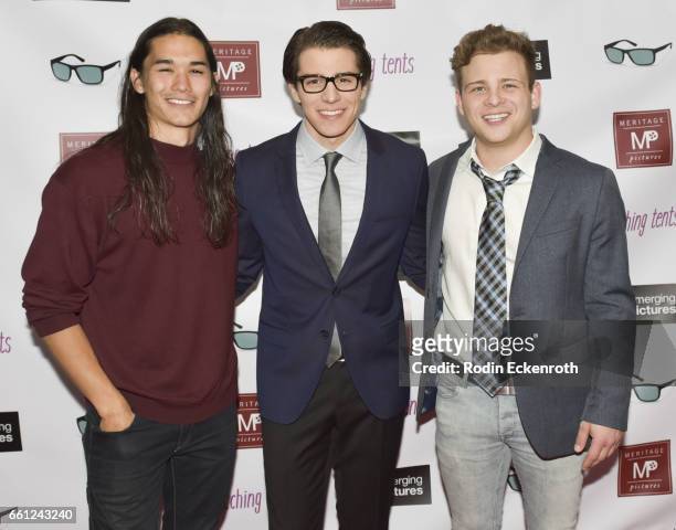Actors Booboo Stewart, Michael Grant, and Jonathan Lipnicki attend the premiere of Meritage Pictures' "Pitching Tents" at Laemmle Monica Film Center...