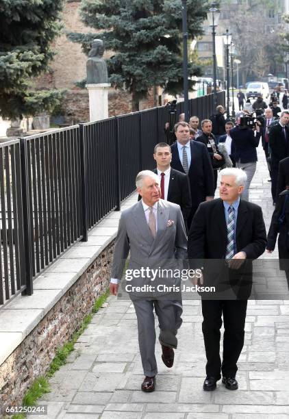 Prince Charles, Prince of Wales during a walking tour of the Old Town on the third day of his nine day European tour on March 31, 2017 in Bucharest,...