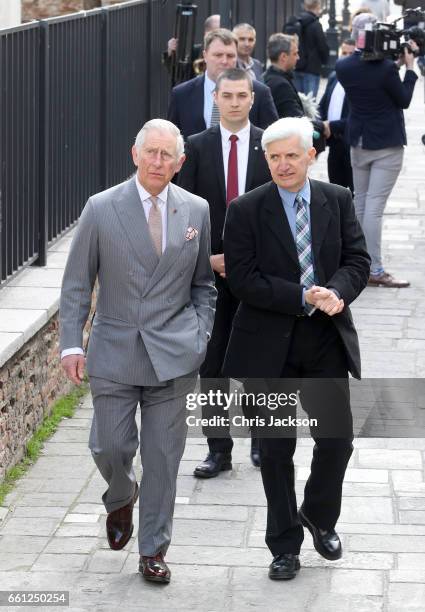 Prince Charles, Prince of Wales during a walking tour of the Old Town on the third day of his nine day European tour on March 31, 2017 in Bucharest,...