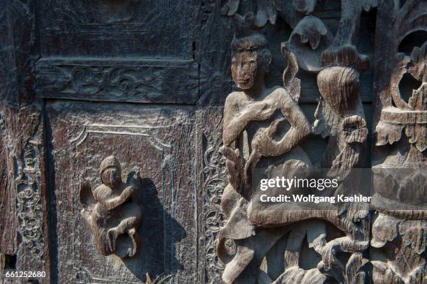 Detail of the teak carvings with angels at the Shwenandaw Monastery in Mandalay Hill, which was built in 1880 by King Thibaw Min with originally...