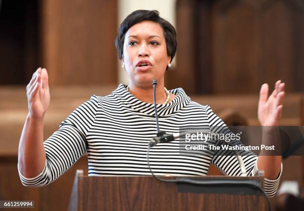 Mayor Muriel Bowser addresses the crowd at the More For Housing Now rally at the Foundry United Methodist Church in Washington, DC on March 18, 2017.
