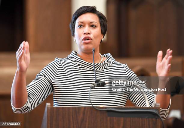 Mayor Muriel Bowser addresses the crowd at the More For Housing Now rally at the Foundry United Methodist Church in Washington, DC on March 18, 2017.