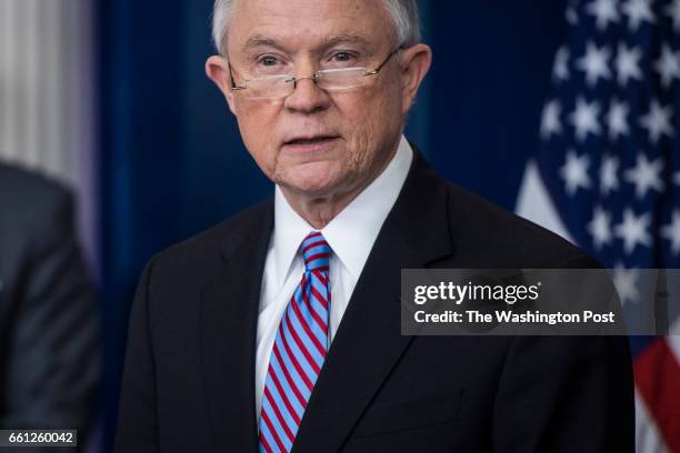 Attorney General Jeff Sessions talks to reporters and members of the media during the daily press briefing at the White House in Washington, DC on...