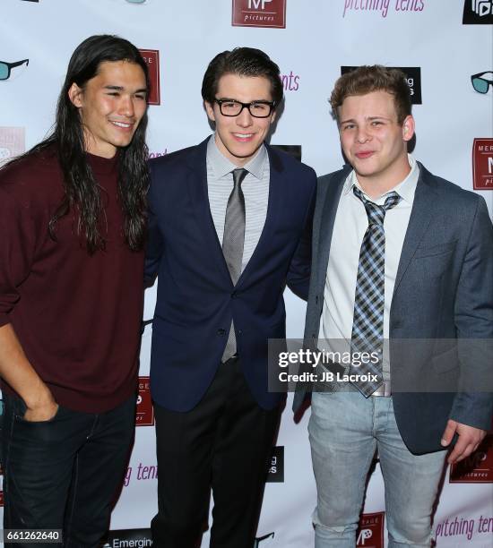 Booboo Stewart, Michael Grant and Jonathan Lipnicki attend the premiere of Meritage Pictures' 'Pitching Tents' on March 30, 2017 in Santa Monica,...
