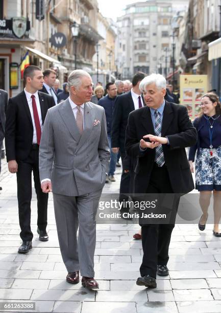 Prince Charles, Prince of Wales during a walking tour of the Old Town on the third day of his nine day European tour on March 31, 2017 in Bucharest,...