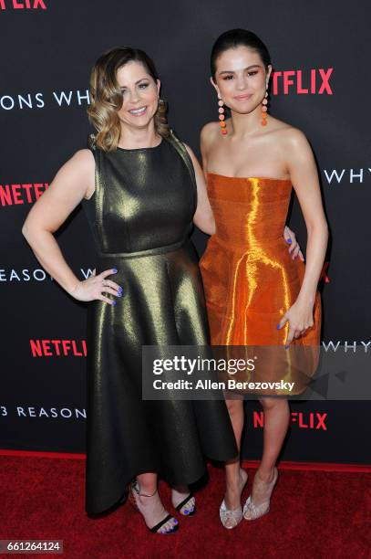 Executive producer Mandy Teefey and daughter actress/executive producer Selena Gomez attend the Premiere of Netflix's "13 Reasons Why" at Paramount...