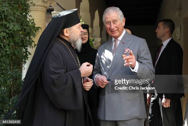 Prince Charles, Prince of Wales with religious leaders as he visits Stavropoleos Church during a walking tour of the Old Town on the third day of his...