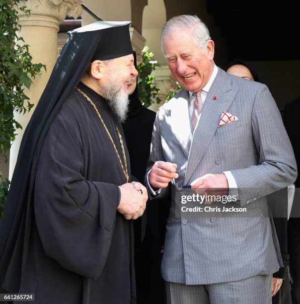 Prince Charles, Prince of Wales with religious leaders as he visits Stavropoleos Church during a walking tour of the Old Town on the third day of his...