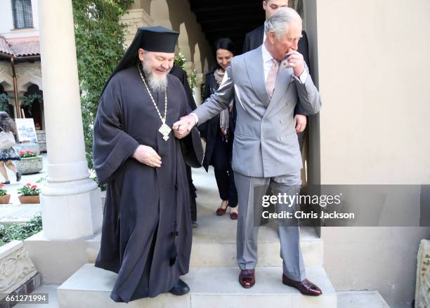 Prince Charles, Prince of Wales with religious leaders as he visits Stavropoleos Church during a walking tour of the Old Town on the third day of his...