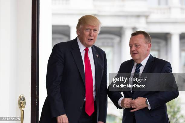 President Donald Trump meets Prime Minister Lokke Rasmussen of Denmark outside the West Wing of the White House March 30, 2017 in Washington, DC....