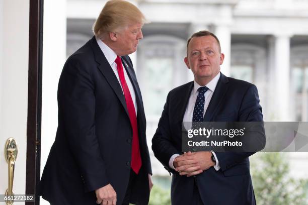 President Donald Trump meets Prime Minister Lokke Rasmussen of Denmark outside the West Wing of the White House March 30, 2017 in Washington, DC....