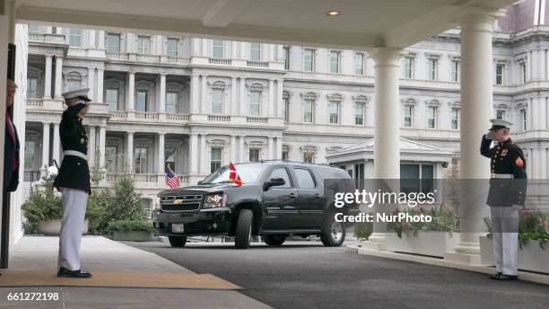 President Donald Trump meets Prime Minister Lokke Rasmussen of Denmark outside the West Wing of the White House March 30, 2017 in Washington, DC....