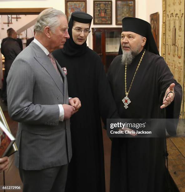 Prince Charles, Prince of Wales with religious leaders as he visits Stavropoleos Church during a walking tour of the Old Town on the third day of his...