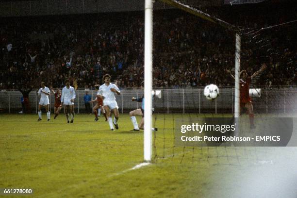 Liverpool's Alan Kennedy celebrates as his shot beats Real Madrid goalkeeper Agustin Rodriguez for the winning goal