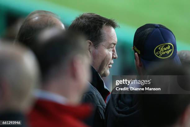 Steve Hansen, coach of the New Zealand All Blacks looks on during the round six Super Rugby match between the Highlanders and the Rebels at Forsyth...