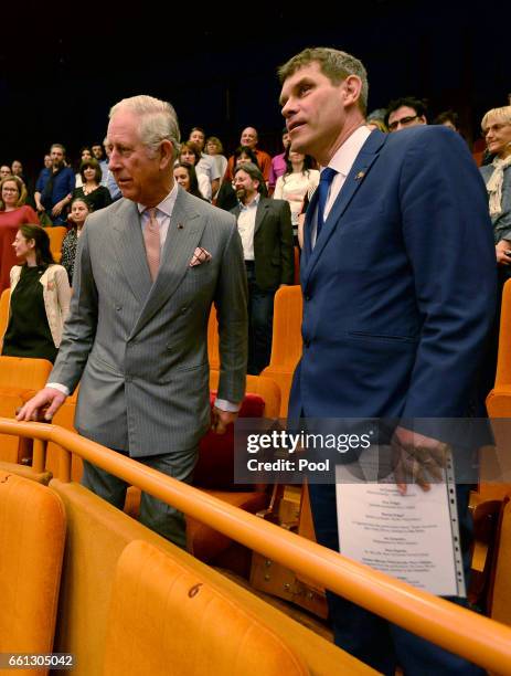 Prince Charles, Prince of Wales prepares to watch a performance during a visit to the National Theatre on the third day of his nine day European tour...