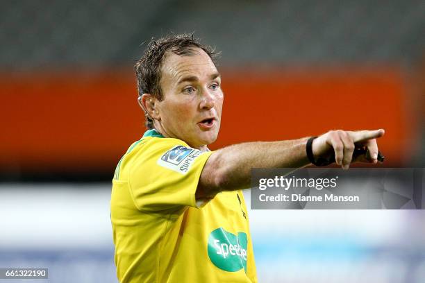 Referee Glen Jackson in action during the round six Super Rugby match between the Highlanders and the Rebels at Forsyth Barr Stadium on March 31,...