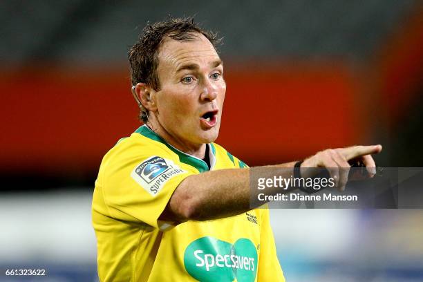 Referee Glen Jackson in action during the round six Super Rugby match between the Highlanders and the Rebels at Forsyth Barr Stadium on March 31,...