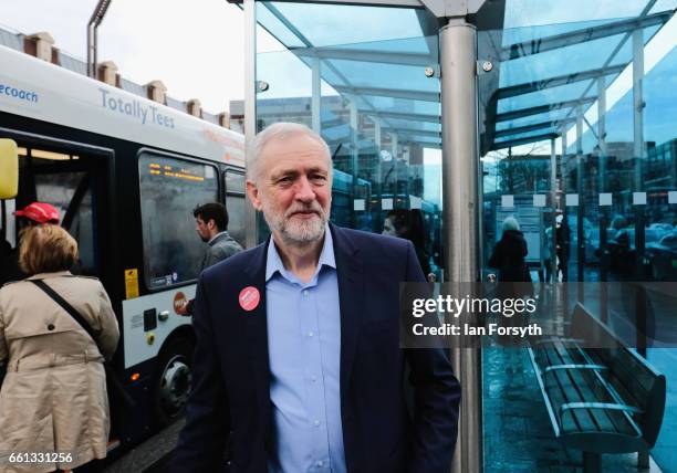 Labour leader Jeremy Corbyn arrives in Stockton on Tees on the number 36 bus after travelling from Middlesbrough on March 31, 2017 in Middlesbrough,...