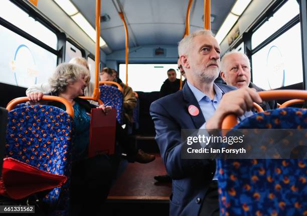 Labour leader Jeremy Corbyn travels on the number 36 bus from Middlesbrough to Stockton on Tees on March 31, 2017 in Middlesbrough, England. During...