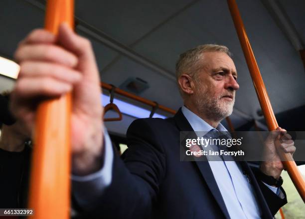 Labour leader Jeremy Corbyn travels on the number 36 bus from Middlesbrough to Stockton on Tees on March 31, 2017 in Middlesbrough, England. During...