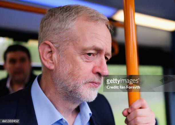 Labour leader Jeremy Corbyn travels on the number 36 bus from Middlesbrough to Stockton on Tees on March 31, 2017 in Middlesbrough, England. During...