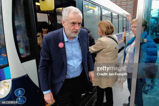 Labour leader Jeremy Corbyn arrives in Stockton on Tees on the number 36 bus after travelling from Middlesbrough on March 31, 2017 in Middlesbrough,...