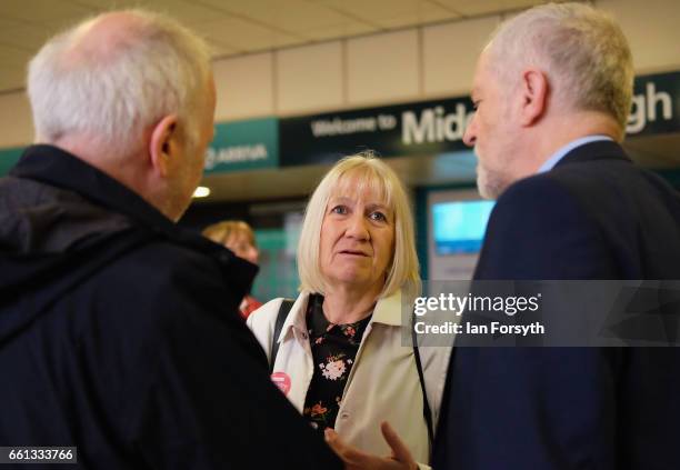 Redcar and Cleveland Council leader Sue Jeffery speaks to Labour leader Jeremy Corbyn and Middlesbrough MP Andy McDonald as they wait for the number...