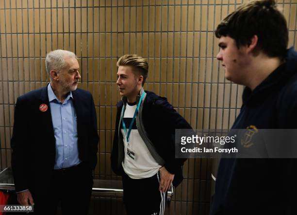 Labour leader Jeremy Corbyn speaks to students as he waits for the number 36 bus from Middlesbrough to Stockton on Tees on March 31, 2017 in...