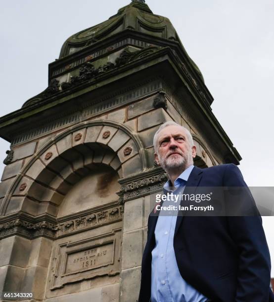 Labour leader Jeremy Corbyn pauses as he walks through Stockton high street on March 31, 2017 in Middlesbrough, England. During the visit he was also...