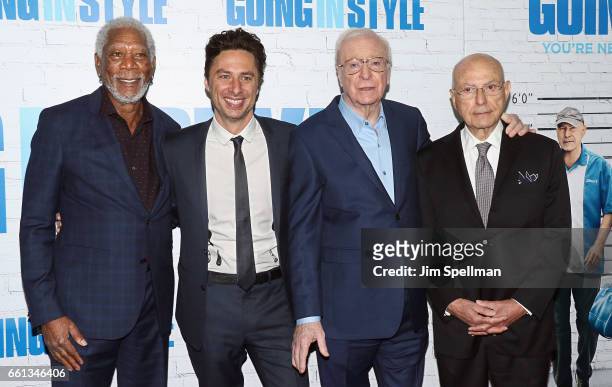 Actor Morgan Freeman, director/actor Zach Braff, actors Michael Caine and Alan Arkin attend the "Going In Style" New York premiere at SVA Theatre on...