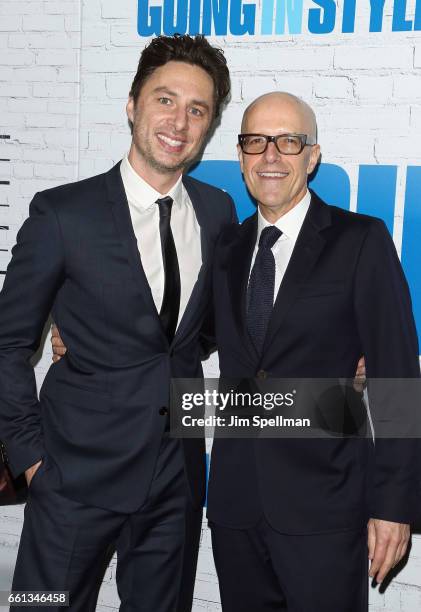 Director/actor Zach Braff and producer Donald De Line attend the "Going In Style" New York premiere at SVA Theatre on March 30, 2017 in New York City.