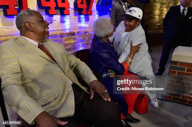 Actor Emmanuel Lewis greets Former MLB and Hall of Fame Player Hank Aaron and his wife Billye Aaron at the Atlanta Braves Unveil A New Statue Of Hank...