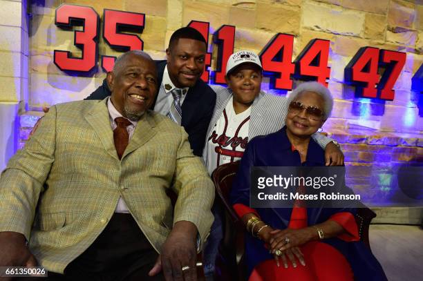 Former MLB and Hall of Fame Player Hank Aaron, comedian/actor Chris Tucker, actor Emmanuel Lewis and Billye Aaron attend the Atlanta Braves Unveil A...