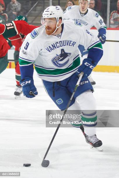 Jack Skille of the Vancouver Canucks skates with the puck against the Minnesota Wild during the game on March 25, 2017 at the Xcel Energy Center in...