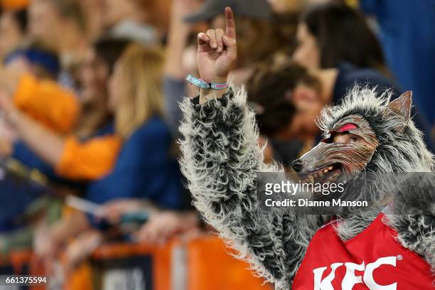 Wolf mascot reacys during the round six Super Rugby match between the Highlanders and the Rebels at Forsyth Barr Stadium on March 31, 2017 in...