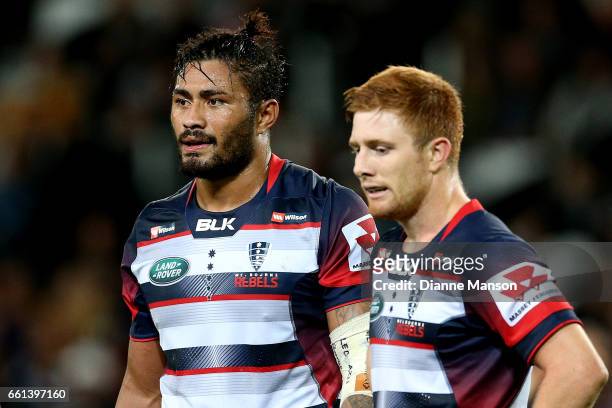 Amanaki Mafi and Nic Stirzaker of the Rebels look on during the round six Super Rugby match between the Highlanders and the Rebels at Forsyth Barr...