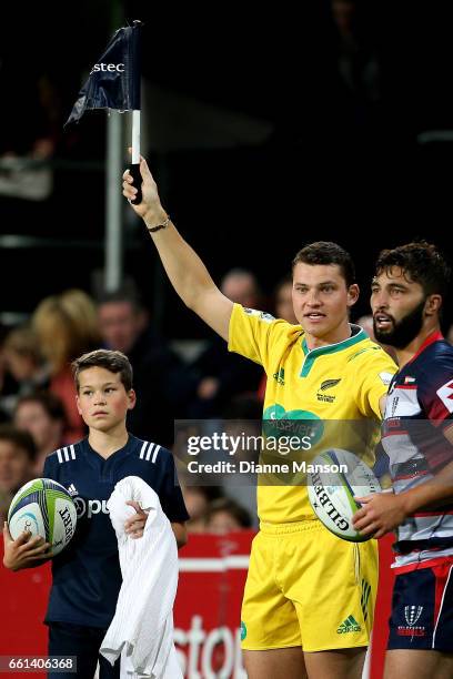 Angus Mabey, assistant referee, in action during the round six Super Rugby match between the Highlanders and the Rebels at Forsyth Barr Stadium on...