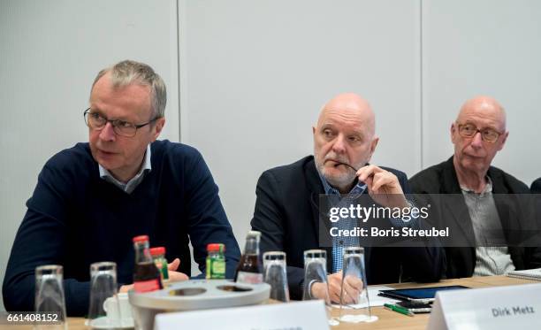 Christoph Biermann, Dirk Metz and Dieter H. Juetting attend the DFB Culture Foundation Board Meeting at Ramada Hotel on March 31, 2017 in Berlin,...