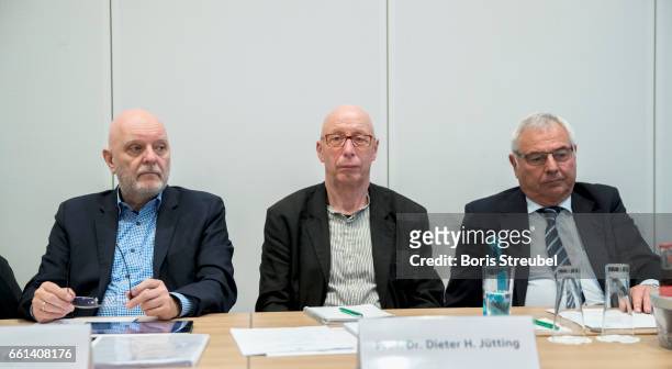 Dirk Metz, Dieter H. Juetting and Karl Rothmund attend the DFB Culture Foundation Board Meeting at Ramada Hotel on March 31, 2017 in Berlin, Germany.