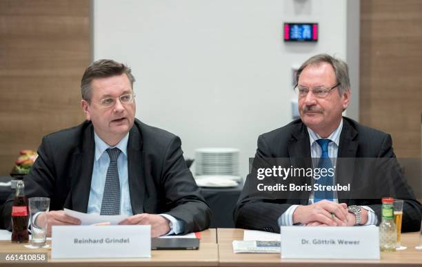 Reinhard Grindel, president of the German Football Association and Goettrik Wewer attend the DFB Culture Foundation Board Meeting at Ramada Hotel on...