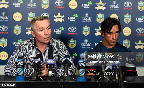 Cowboys coach Paul Green and Johnathan Thurston of the Cowboys look on at the post match media conference at the end of during the round five NRL...