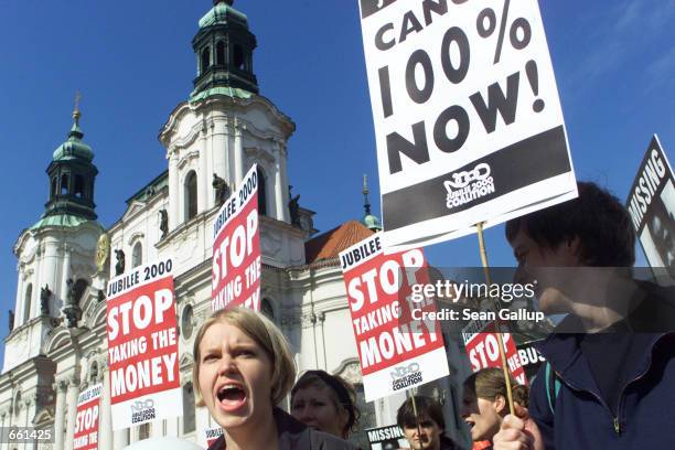 Anti-globalization activists demonstrate at a march organized by Jubilee 2000 in central Prague, Czech Republic, September 24 in protest against the...