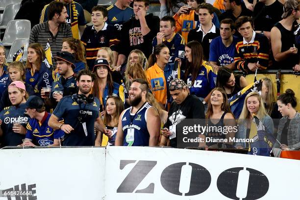 Highlander supporters look on from The Zoo during the round six Super Rugby match between the Highlanders and the Rebels at Forsyth Barr Stadium on...