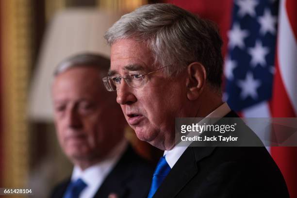 British Defence Secretary Michael Fallon holds a press conference with United States Defense Secretary James Mattis at Lancaster House on March 31,...