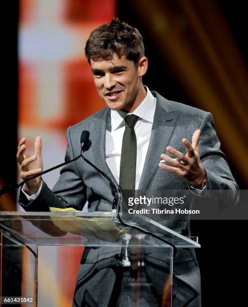 Actor Brenton Thwaites, recipient of the Breakthrough Performer of the Year Award, speaks onstage at the CinemaCon Big Screen Achievement Awards at...