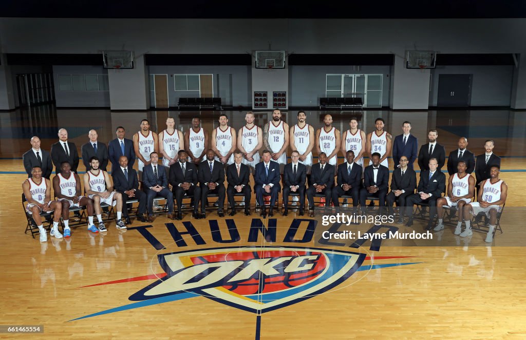 2017 Thunder Roster The Oklahoma City Thunder team poses for a team photo on March 30 ...