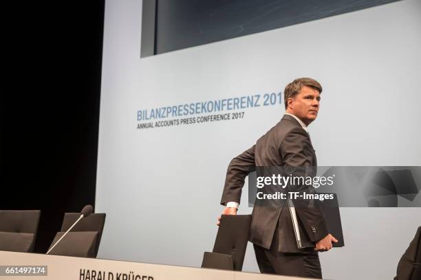 Chief Executive Officer Harald Krueger of German car manufacturer BMW looks on during his speech at the annual accounts press conference at the BWM...