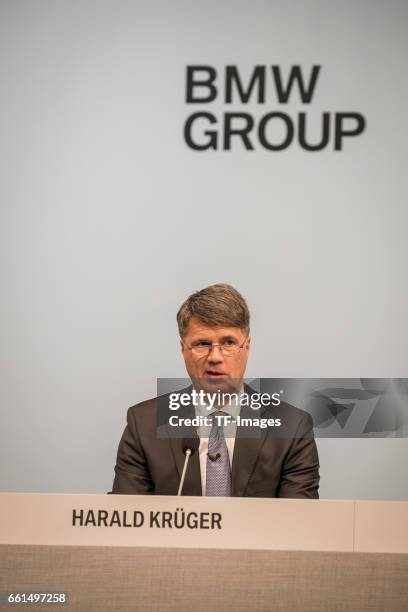 Chief Executive Officer Harald Krueger of German car manufacturer BMW looks on during his speech at the annual accounts press conference at the BWM...