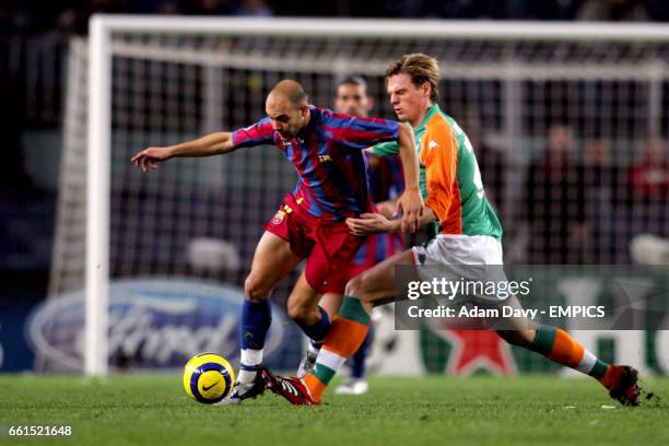 Barcelona's Gabri Garcia and Werder Bremen's Tim Borowski battle for the ball